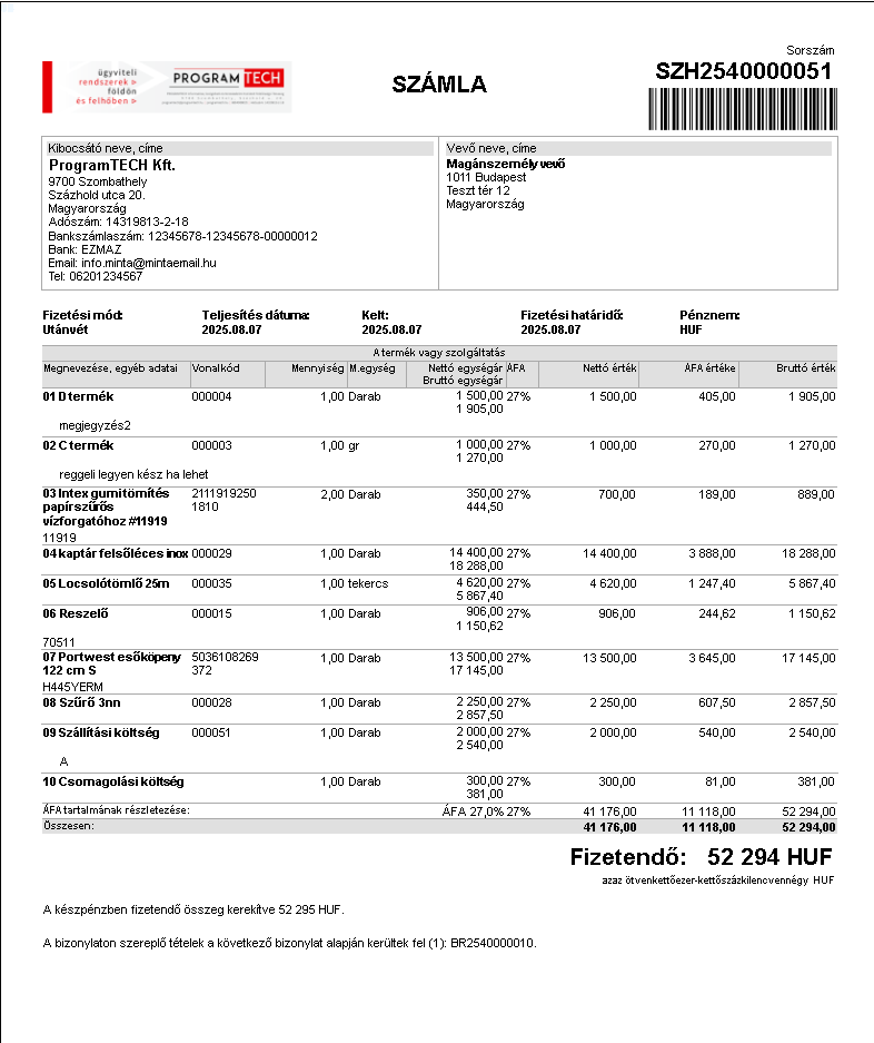 Kiszállításra váró rendelés számlaképe